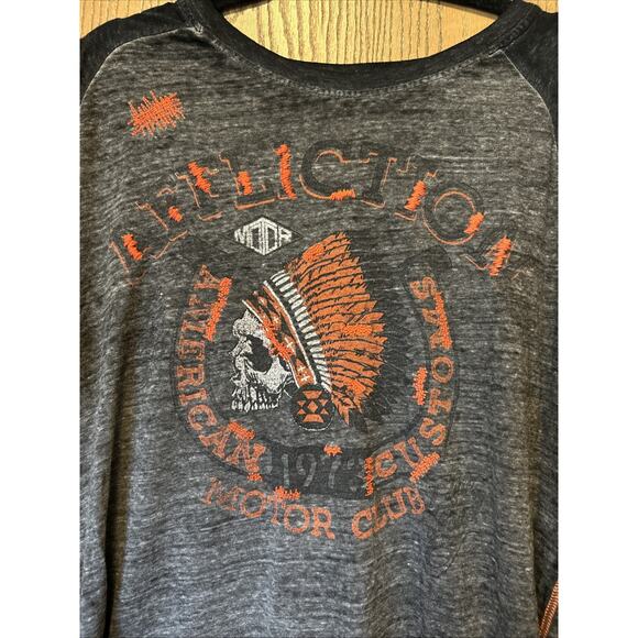 Affliction Men's 2x Motor Club Skull Baseball Tee 3/4 Sleeve Distressed Grey - Picture 2 of 7